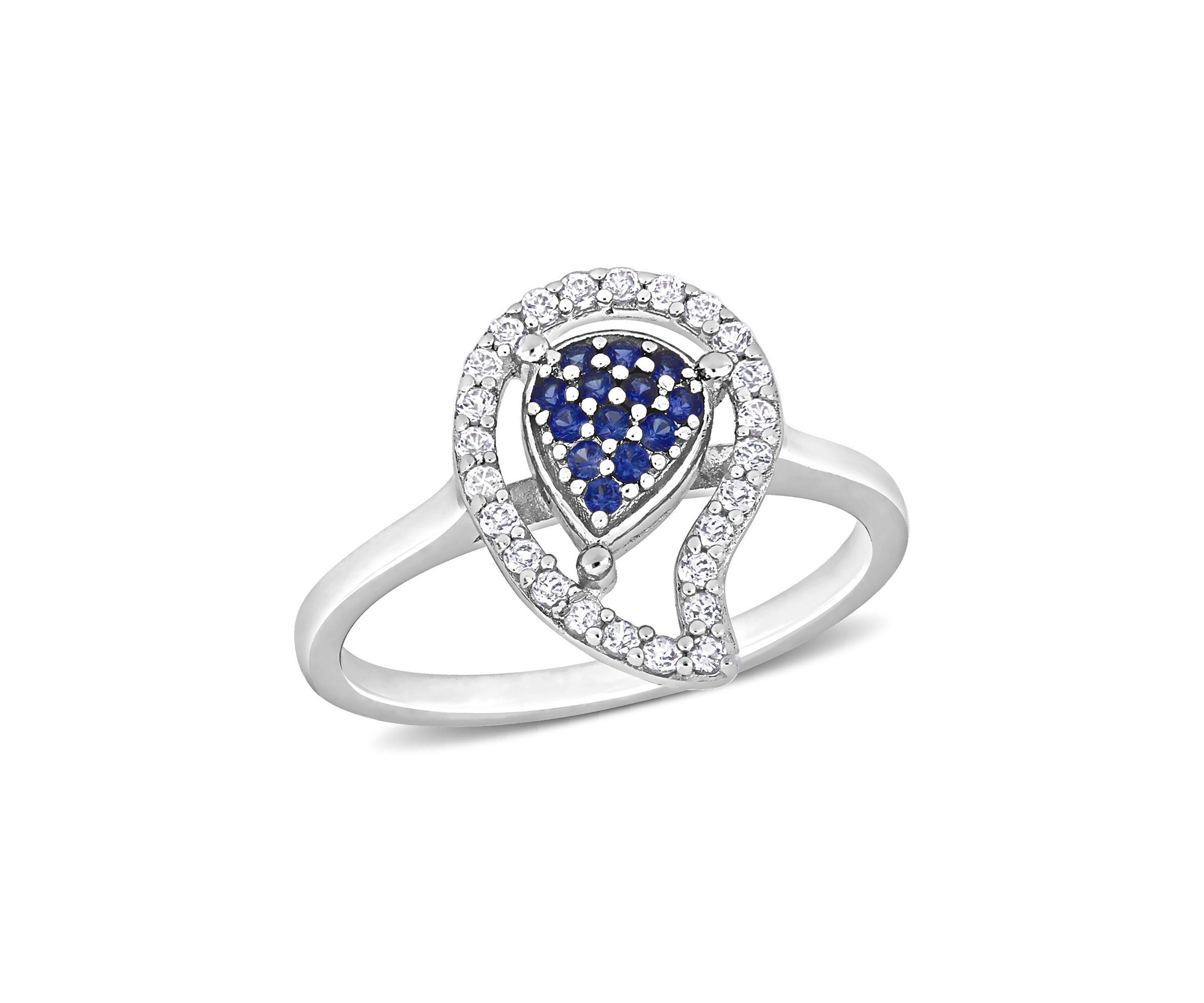 Lab Created 3/8 CT TGW White Topaz and Created Blue Sapphire Teardrop Halo Ring in Sterling Silver