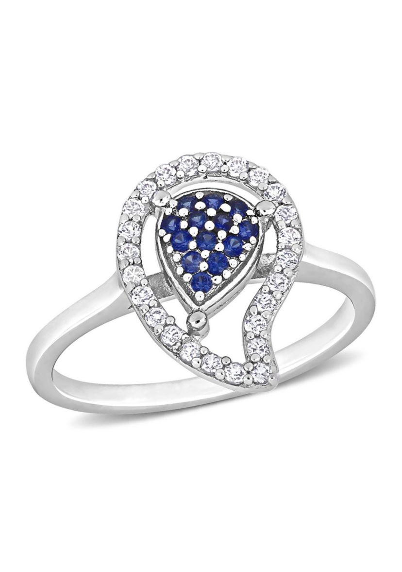 Lab Created 3/8 CT TGW White Topaz and Created Blue Sapphire Teardrop Halo Ring in Sterling Silver