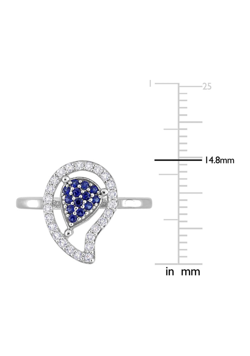 Lab Created 3/8 CT TGW White Topaz and Created Blue Sapphire Teardrop Halo Ring in Sterling Silver