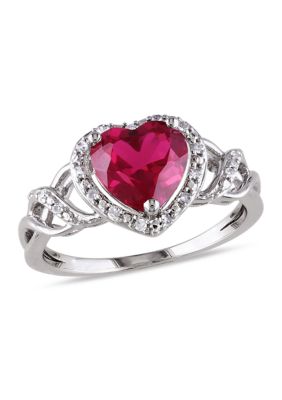 Belk & Co Lab Created 1/10 CT TW Diamond and Ruby Open Heart Crossover Ring in Sterling Silver, White, 7