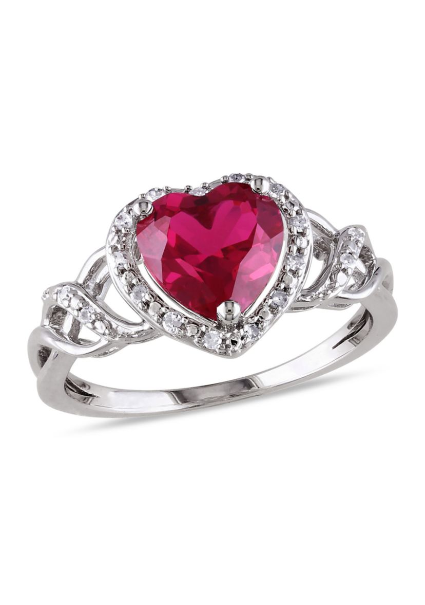 Lab Created 1/10 CT TW Diamond and Created Ruby Open Heart Crossover Ring in Sterling Silver