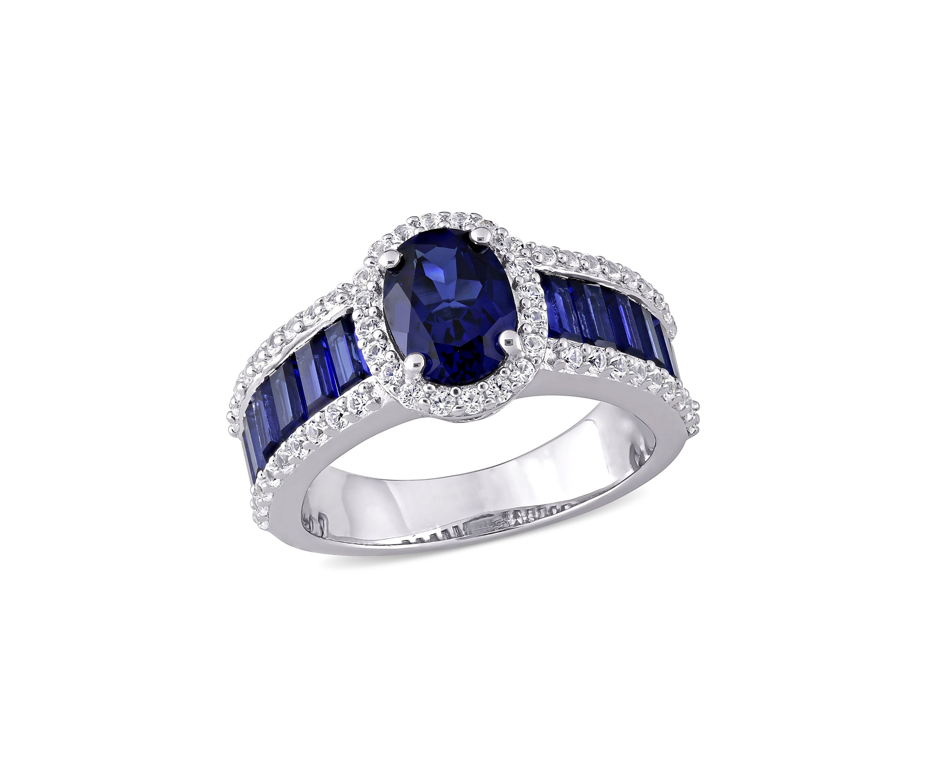 Lab Created 4 3/4 CT TGW Created Blue Sapphire and Created White Sapphire Vintage Halo Ring in Sterling Silver