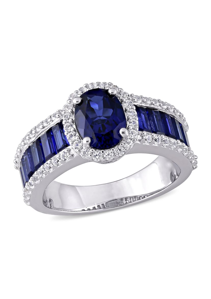Lab Created 4 3/4 CT TGW Created Blue Sapphire and Created White Sapphire Vintage Halo Ring in Sterling Silver
