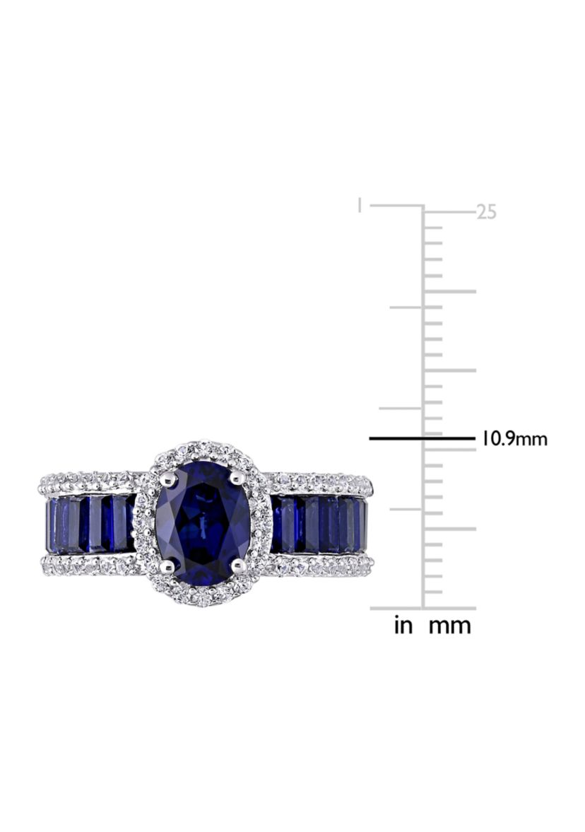 Lab Created 4 3/4 CT TGW Created Blue Sapphire and Created White Sapphire Vintage Halo Ring in Sterling Silver