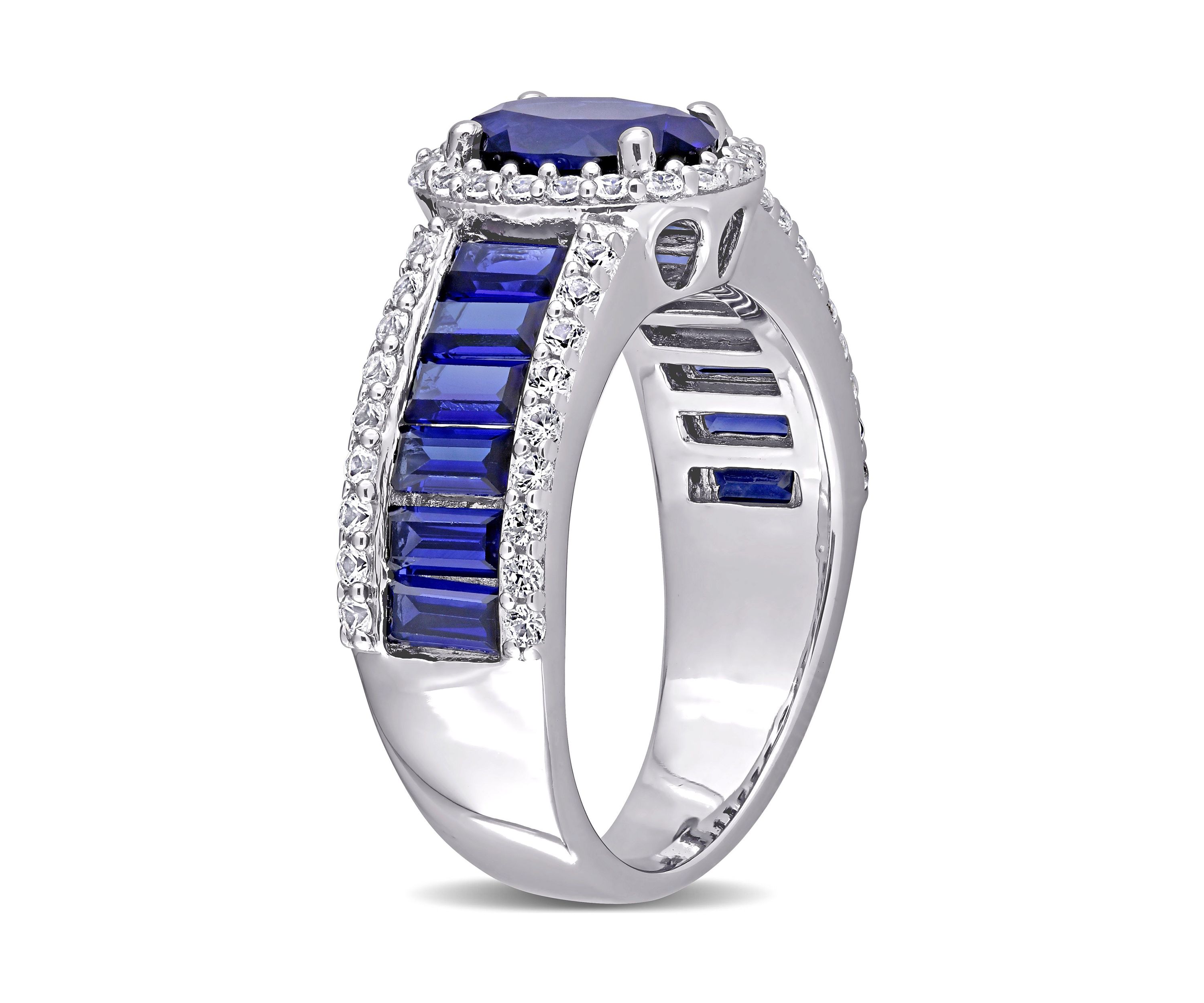 Lab Created 4 3/4 CT TGW Created Blue Sapphire and Created White Sapphire Vintage Halo Ring in Sterling Silver