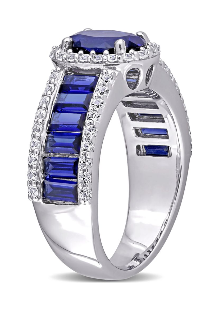 Lab Created 4 3/4 CT TGW Created Blue Sapphire and Created White Sapphire Vintage Halo Ring in Sterling Silver