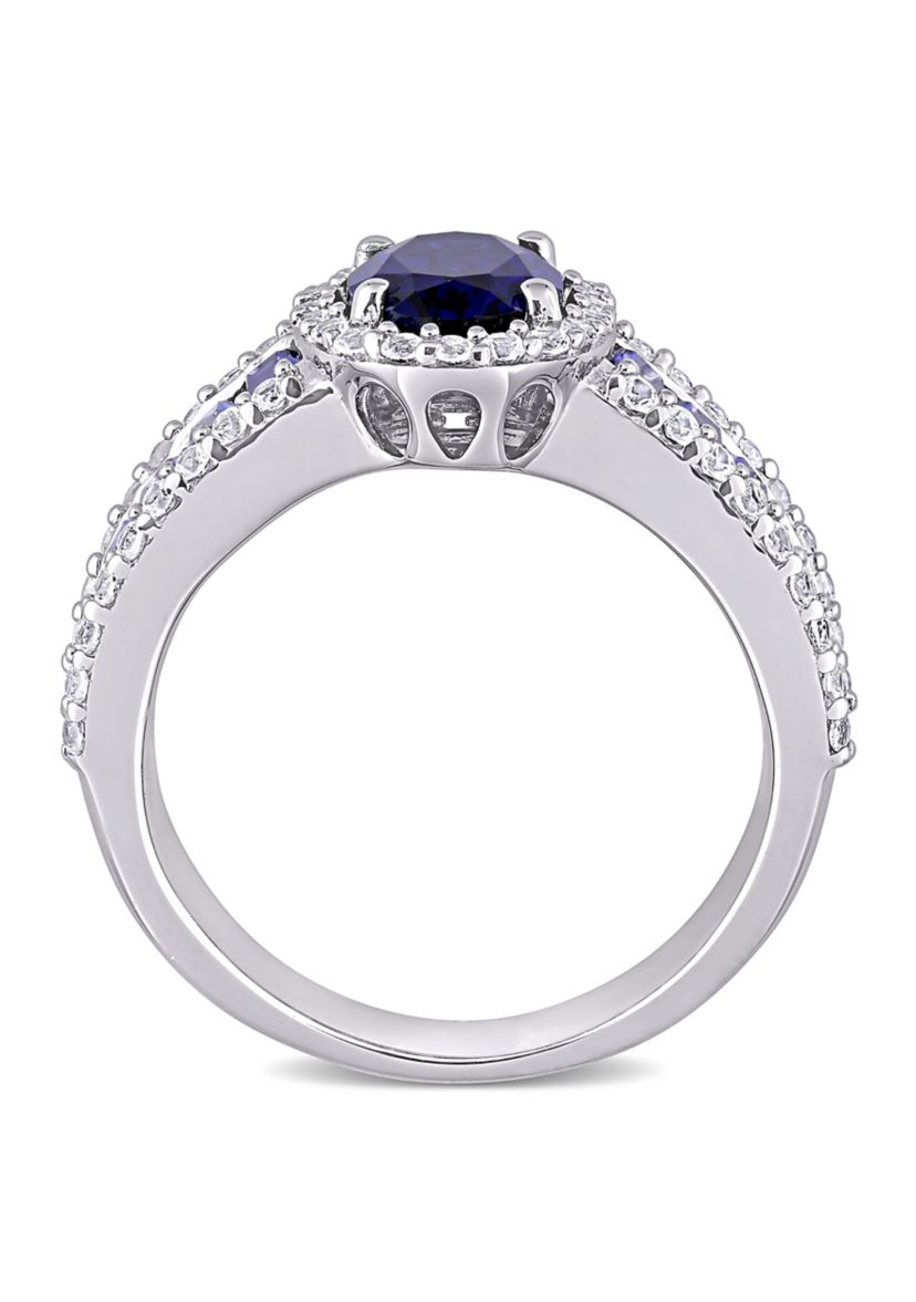 Lab Created 4 3/4 CT TGW Created Blue Sapphire and Created White Sapphire Vintage Halo Ring in Sterling Silver