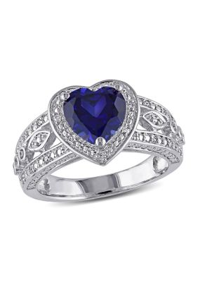 Belk & Co Lab Created 1/10 CT TW Diamond and Blue Sapphire Vintage Heart Ring in Sterling Silver, White, 5