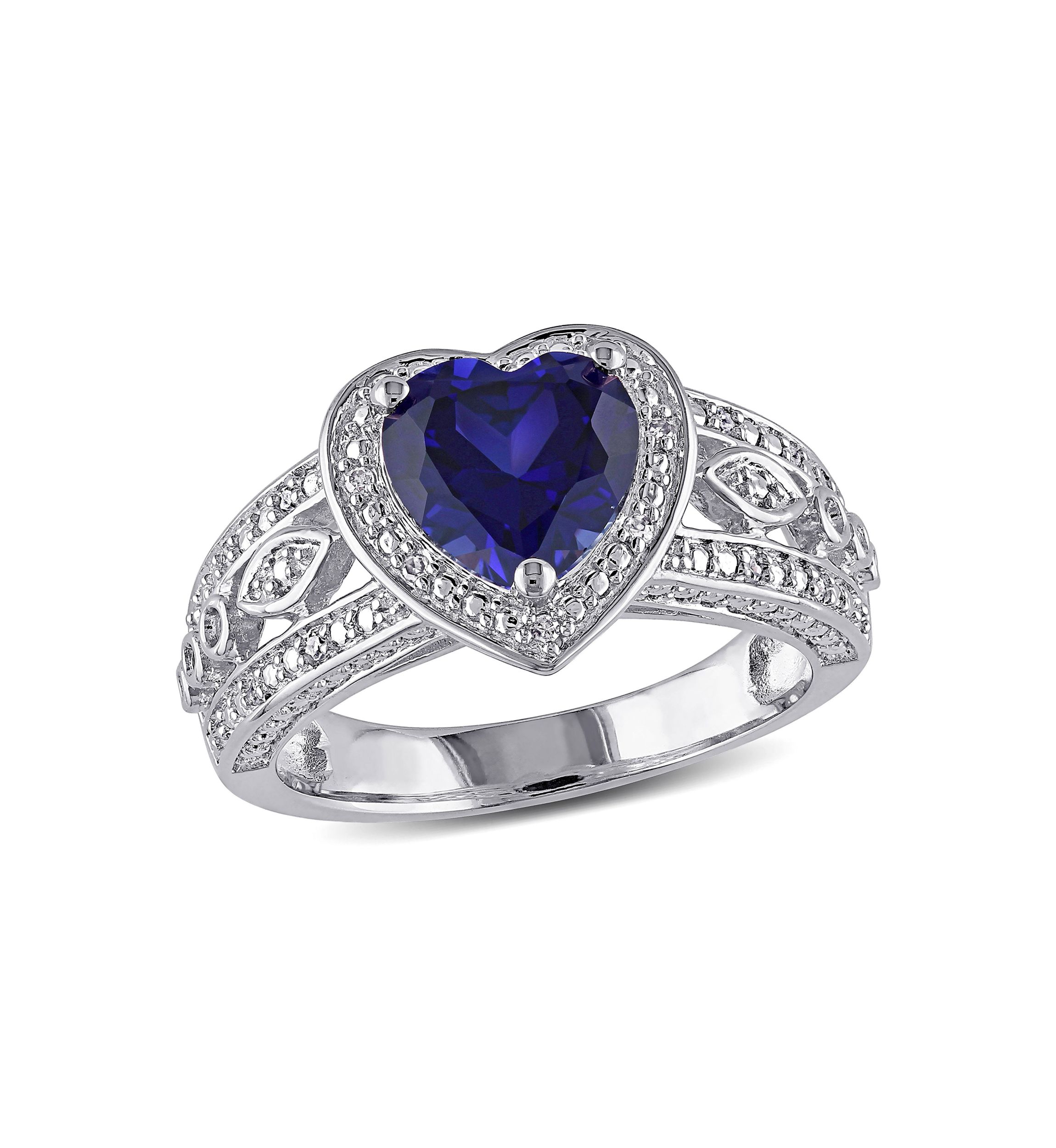 Lab Created 1/10 CT TW Diamond and Created Blue Sapphire Vintage Heart Ring in Sterling Silver