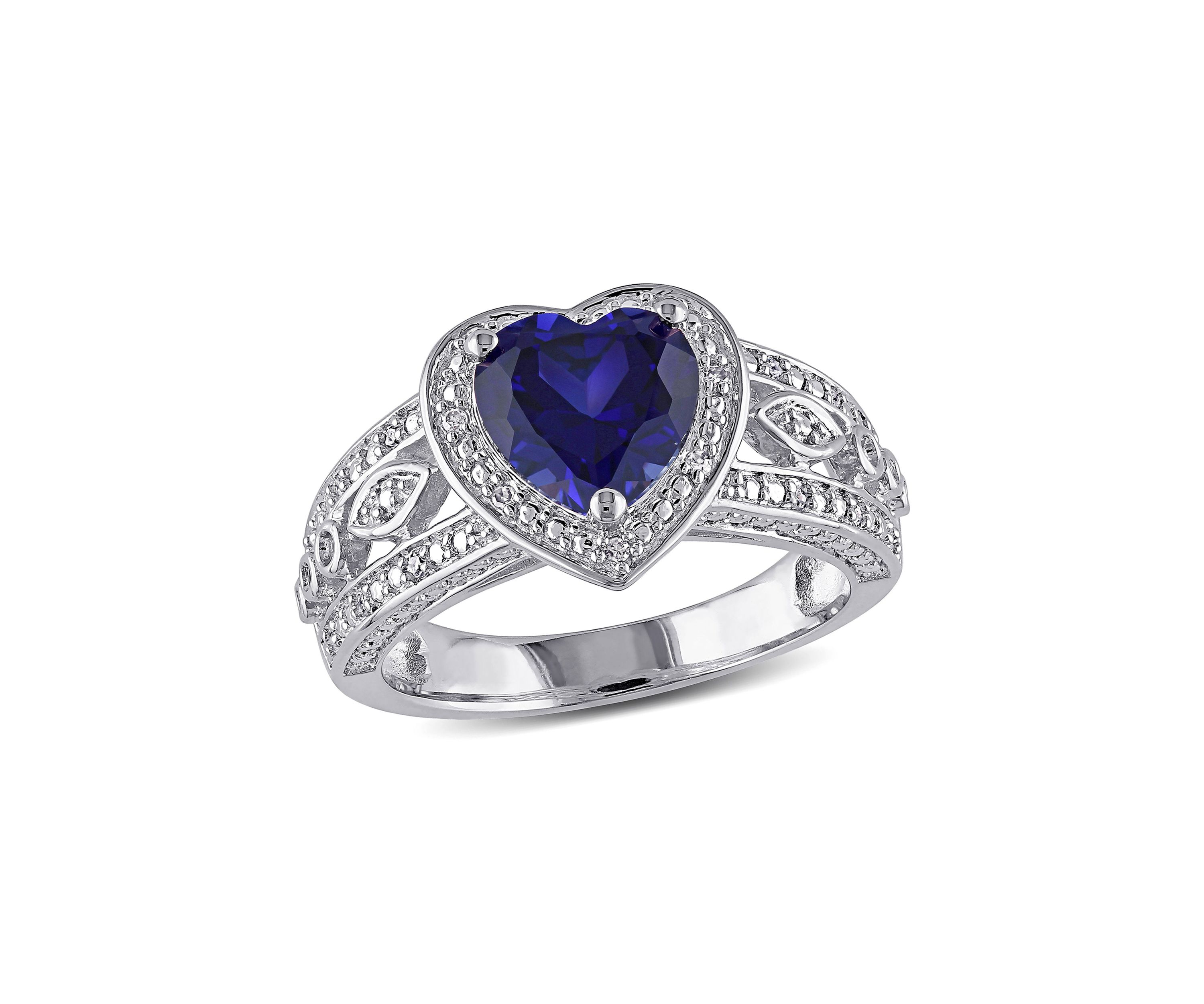 Lab Created 1/10 CT TW Diamond and Created Blue Sapphire Vintage Heart Ring in Sterling Silver
