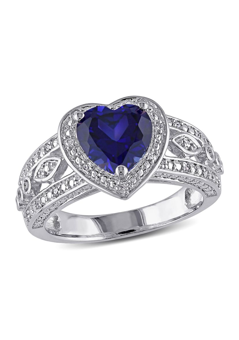 Lab Created 1/10 CT TW Diamond and Created Blue Sapphire Vintage Heart Ring in Sterling Silver
