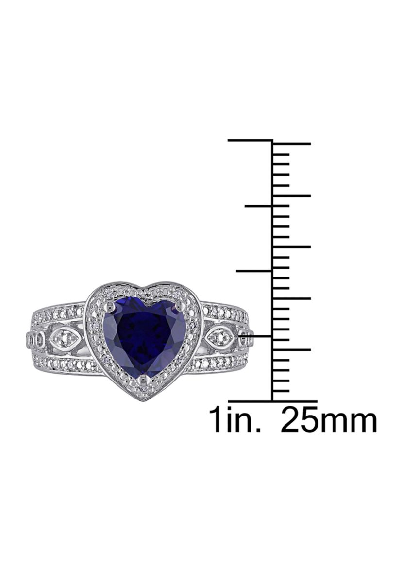 Lab Created 1/10 CT TW Diamond and Created Blue Sapphire Vintage Heart Ring in Sterling Silver
