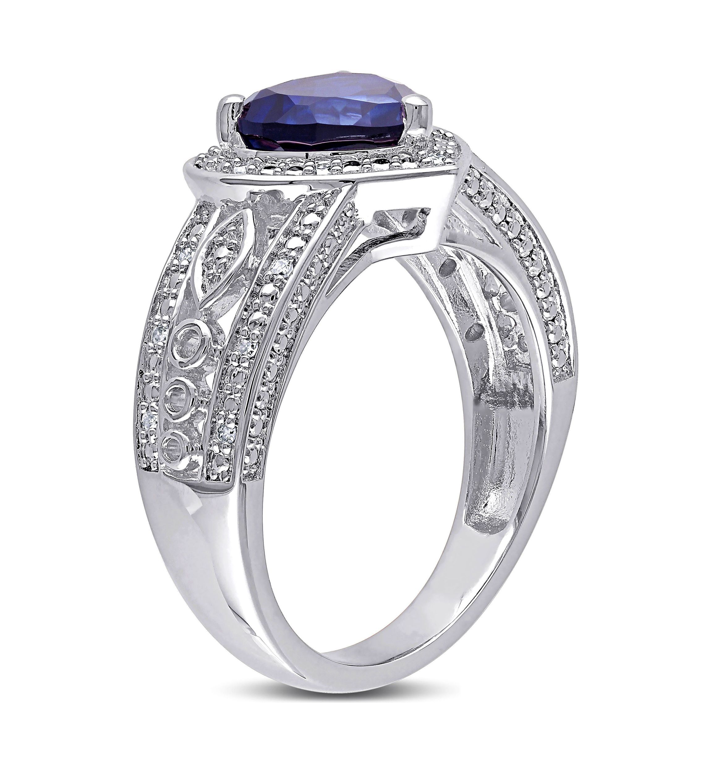Lab Created 1/10 CT TW Diamond and Created Blue Sapphire Vintage Heart Ring in Sterling Silver