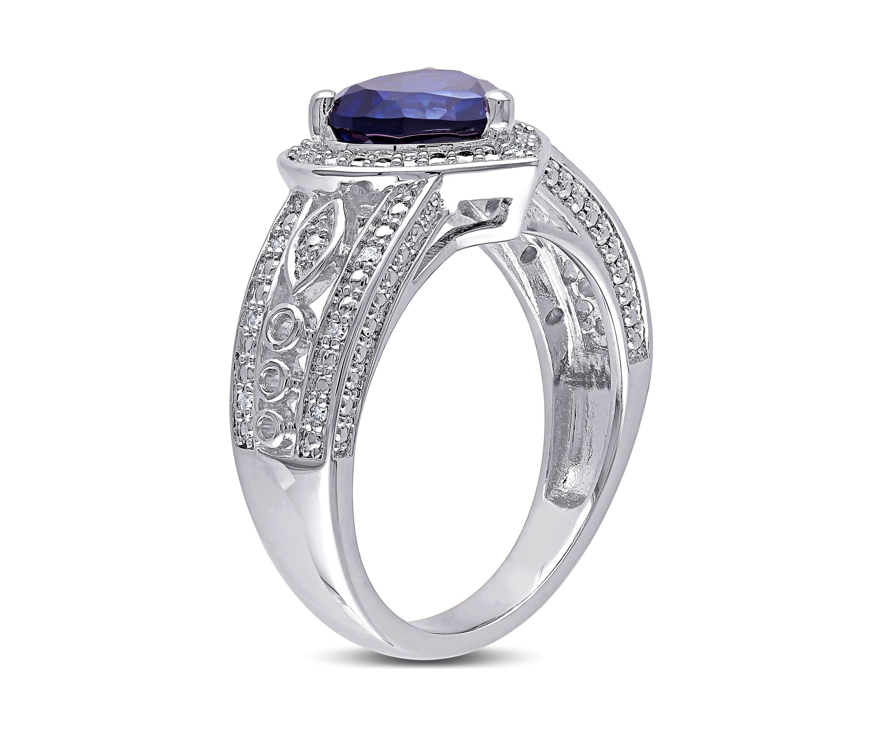 Lab Created 1/10 CT TW Diamond and Created Blue Sapphire Vintage Heart Ring in Sterling Silver