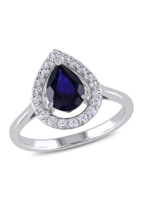 Belk & Co Lab Created Blue and White Sapphire Teardrop Halo Ring in Sterling Silver
