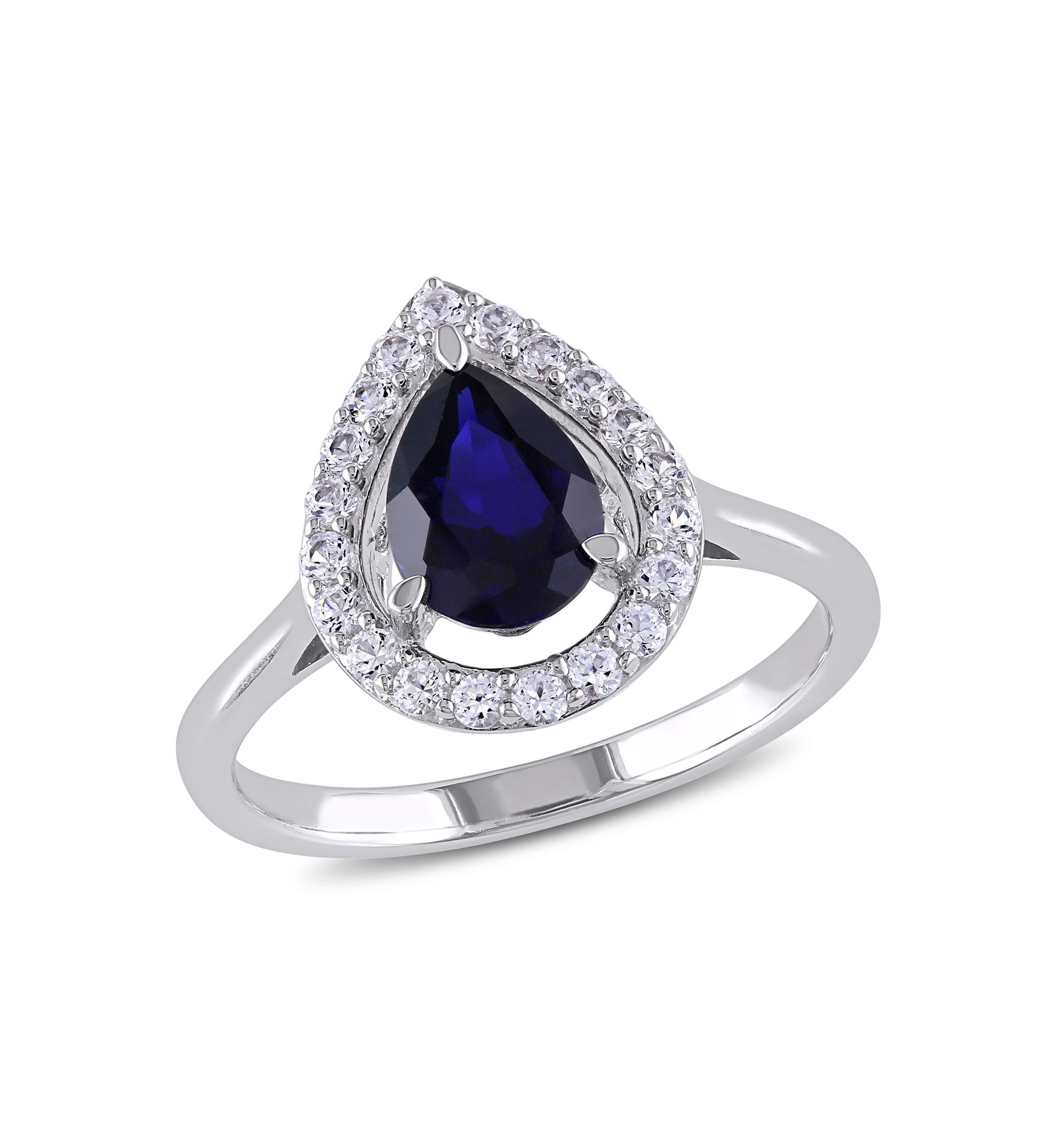 Lab Created Created Blue and Created White Sapphire Teardrop Halo Ring in Sterling Silver