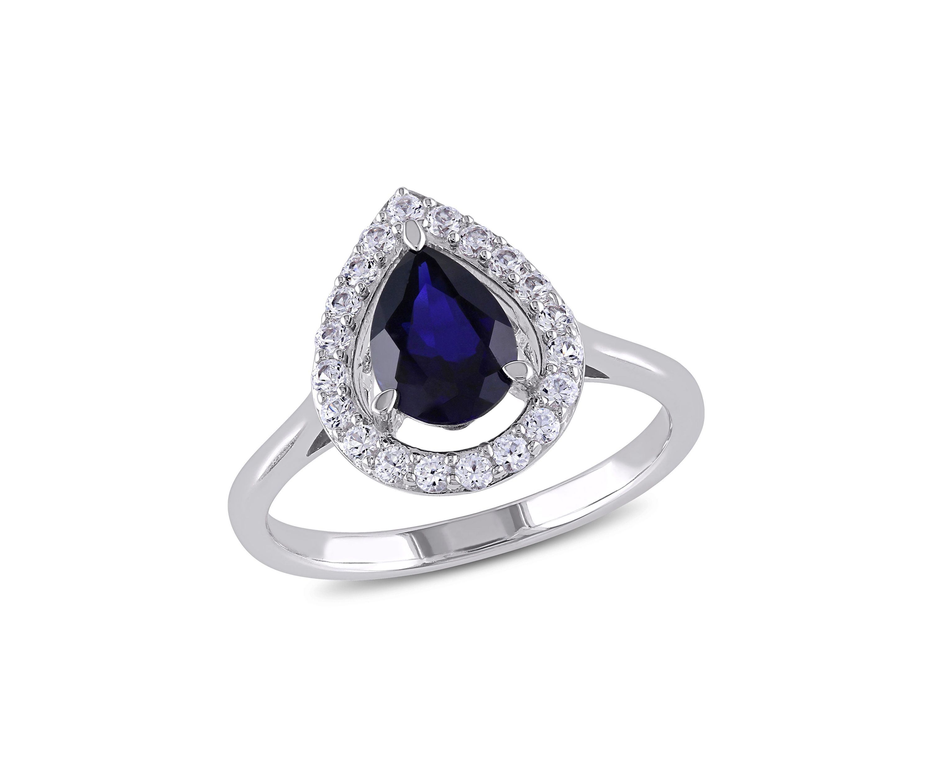 Lab Created Created Blue and Created White Sapphire Teardrop Halo Ring in Sterling Silver