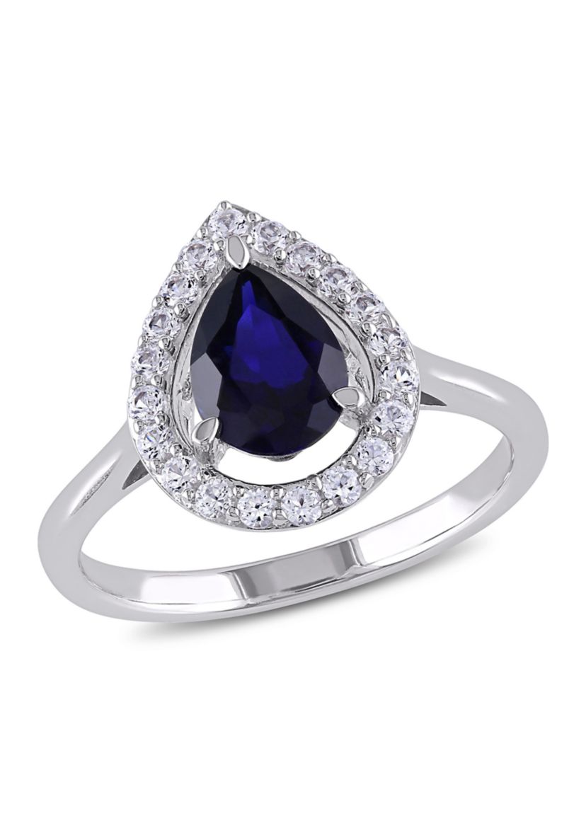 Lab Created Created Blue and Created White Sapphire Teardrop Halo Ring in Sterling Silver