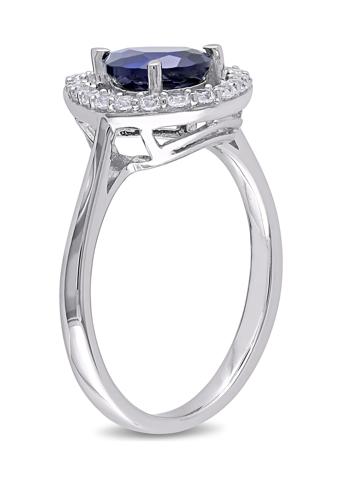 Lab Created Created Blue and Created White Sapphire Teardrop Halo Ring in Sterling Silver