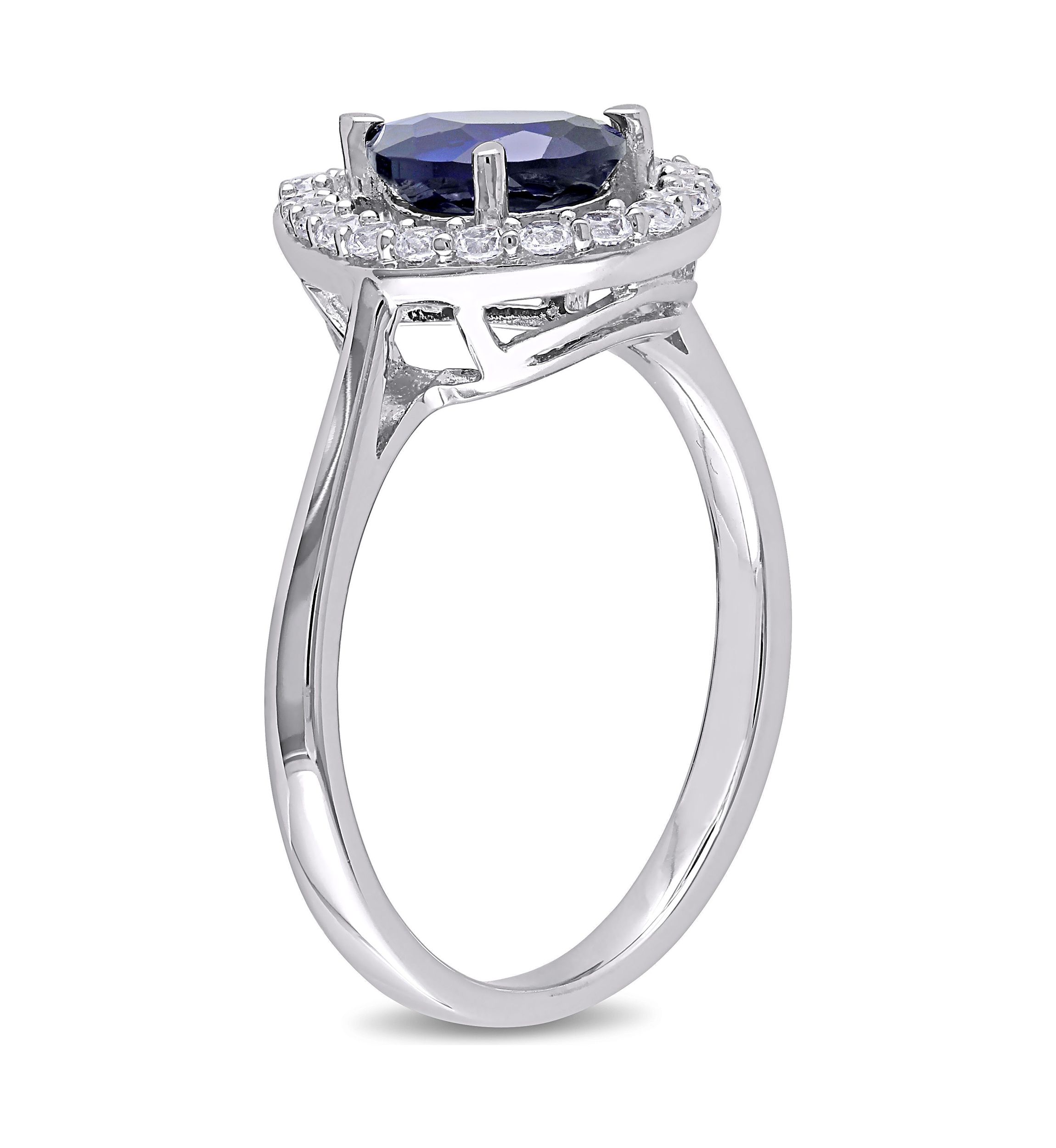 Lab Created Created Blue and Created White Sapphire Teardrop Halo Ring in Sterling Silver