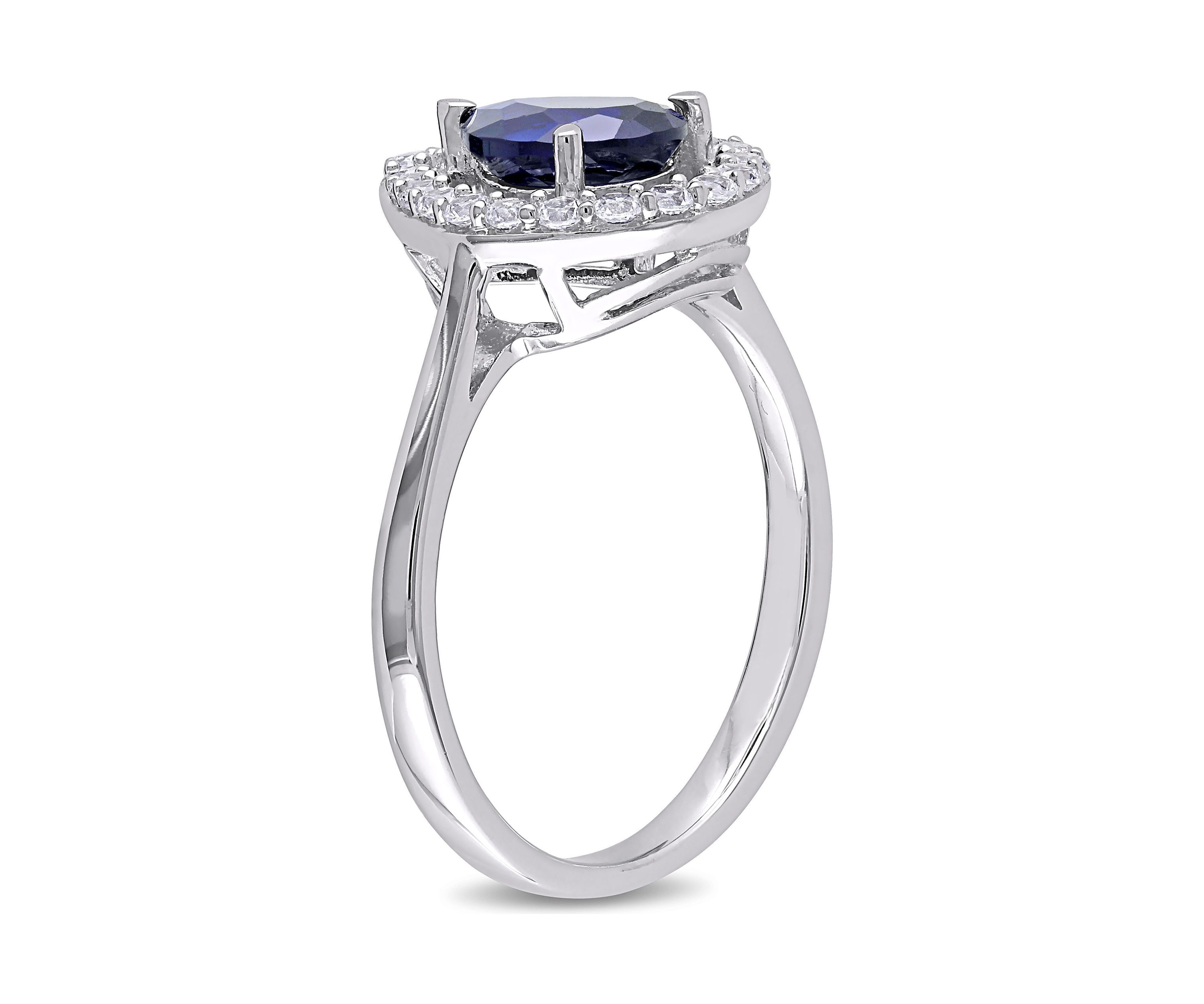 Lab Created Created Blue and Created White Sapphire Teardrop Halo Ring in Sterling Silver