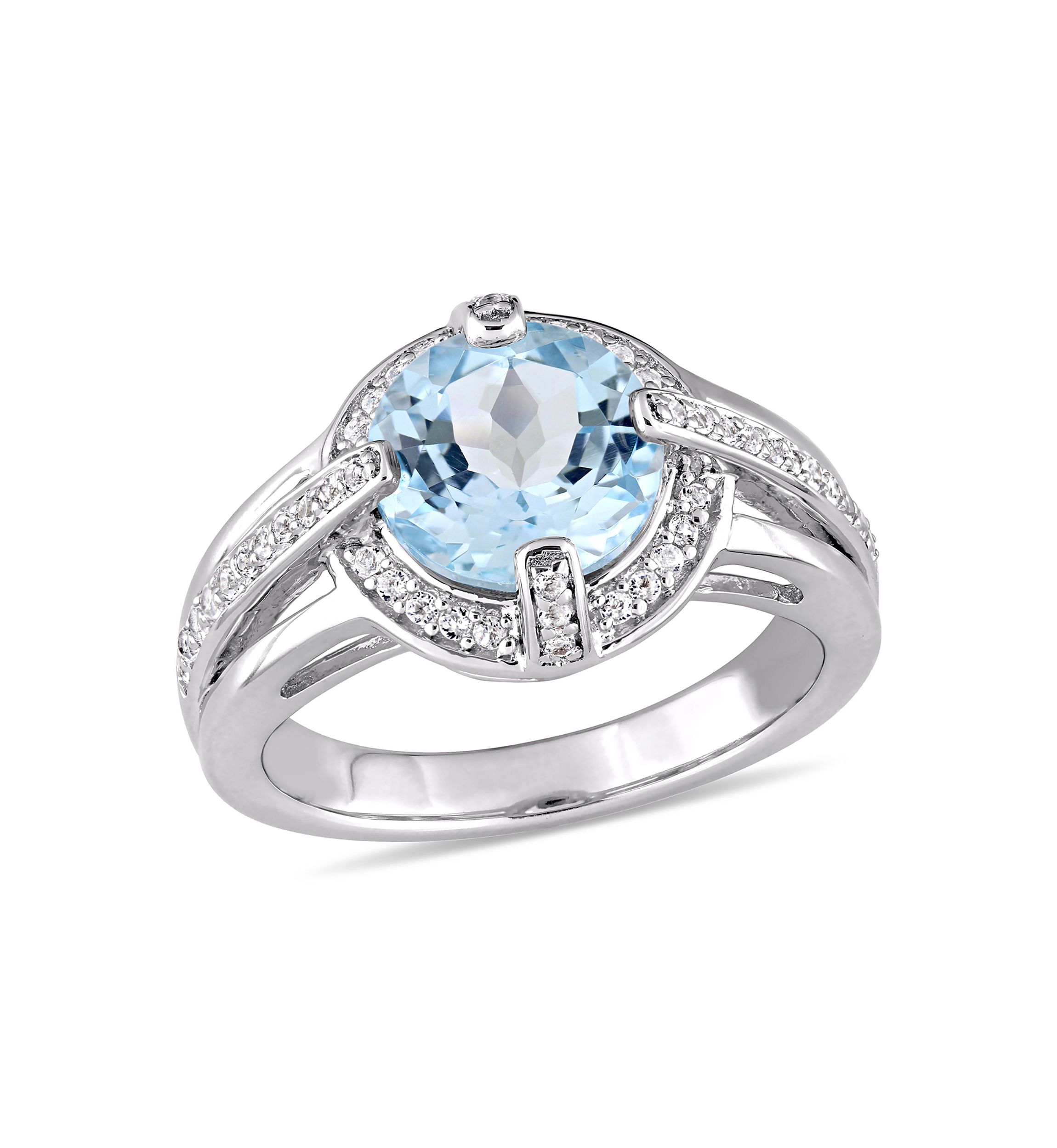 3 3/4 CT TGW Sky Blue and White Topaz Halo Split Shank Ring in Sterling Silver