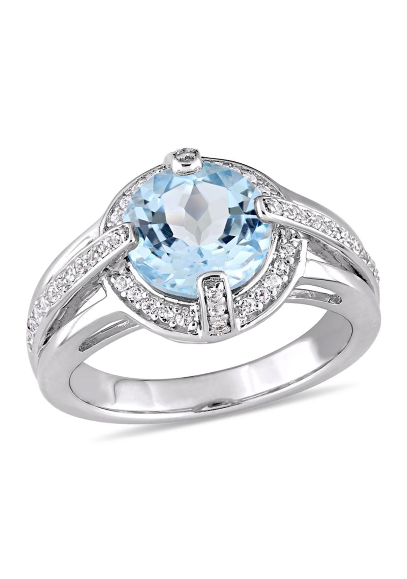 3 3/4 CT TGW Sky Blue and White Topaz Halo Split Shank Ring in Sterling Silver