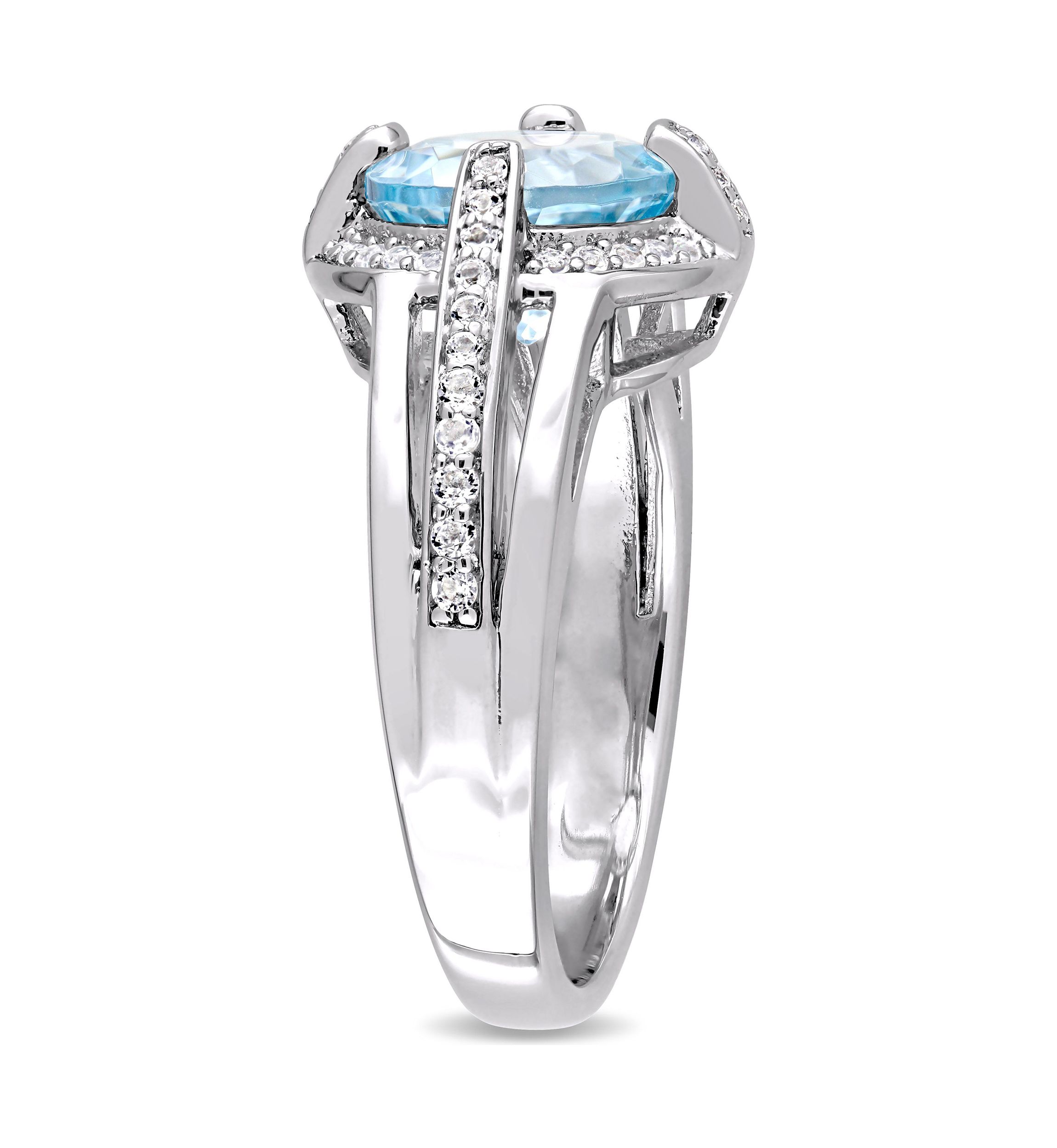 3 3/4 CT TGW Sky Blue and White Topaz Halo Split Shank Ring in Sterling Silver