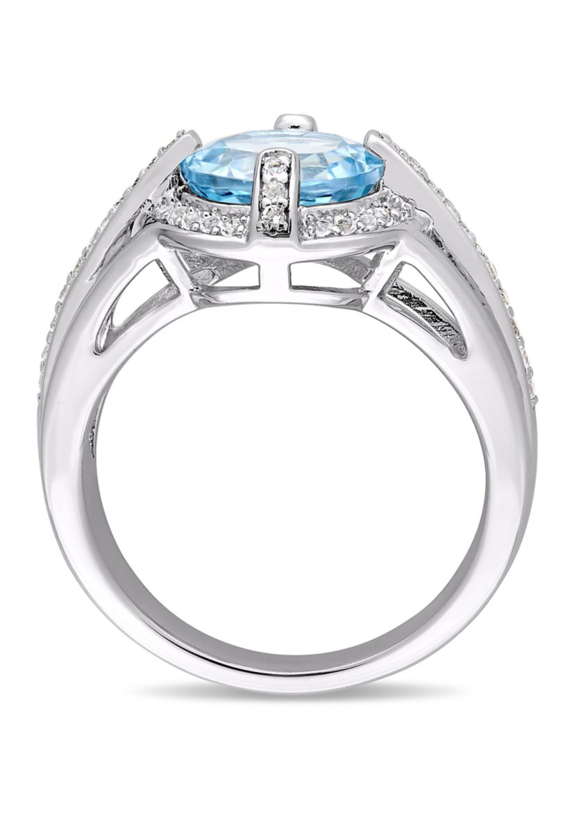 3 3/4 CT TGW Sky Blue and White Topaz Halo Split Shank Ring in Sterling Silver