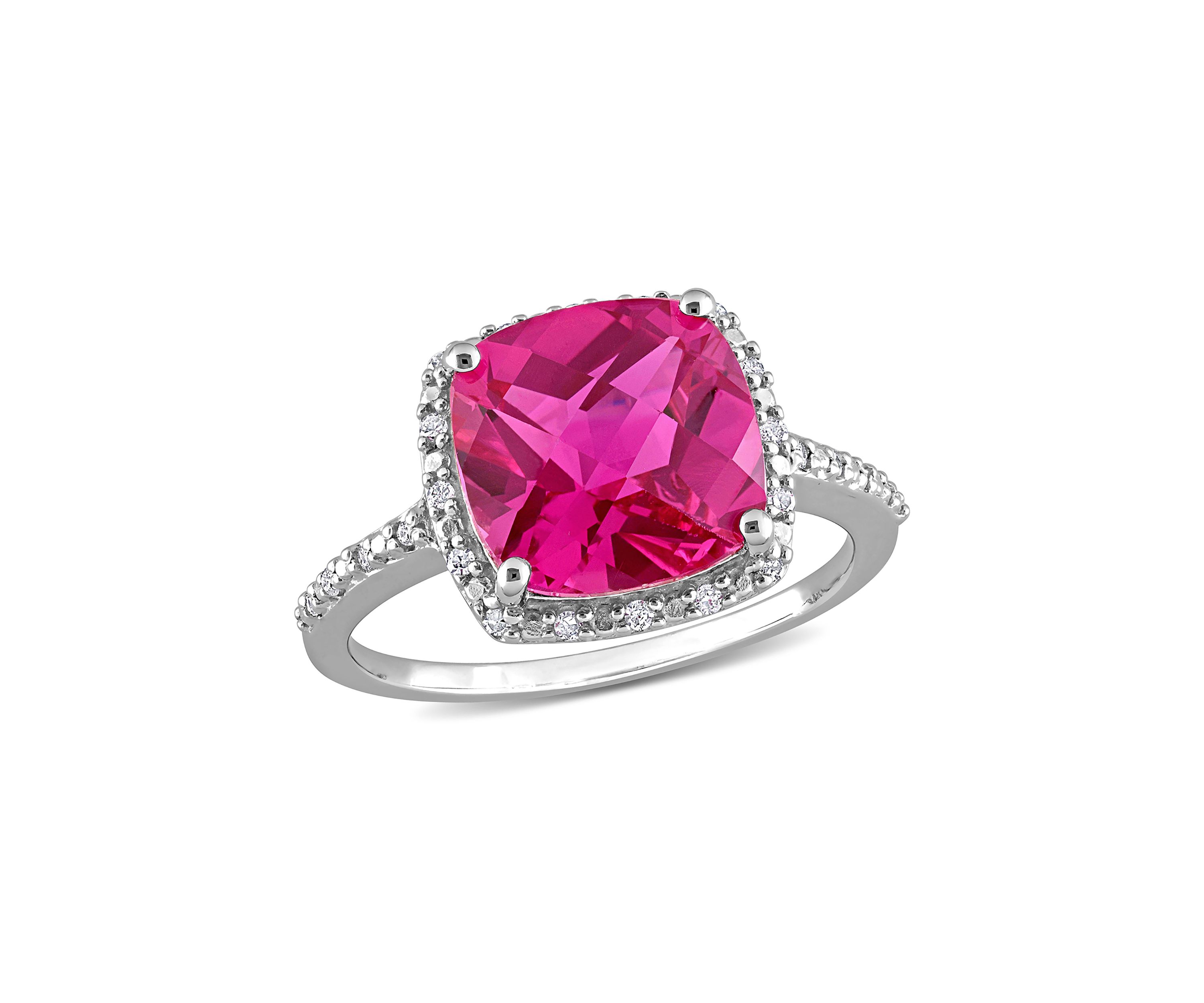 Lab Created 1/10 CT TW Diamond and 5 3/4 CT TGW Cushion Cut Created Pink Sapphire Halo Ring in Sterling Silver