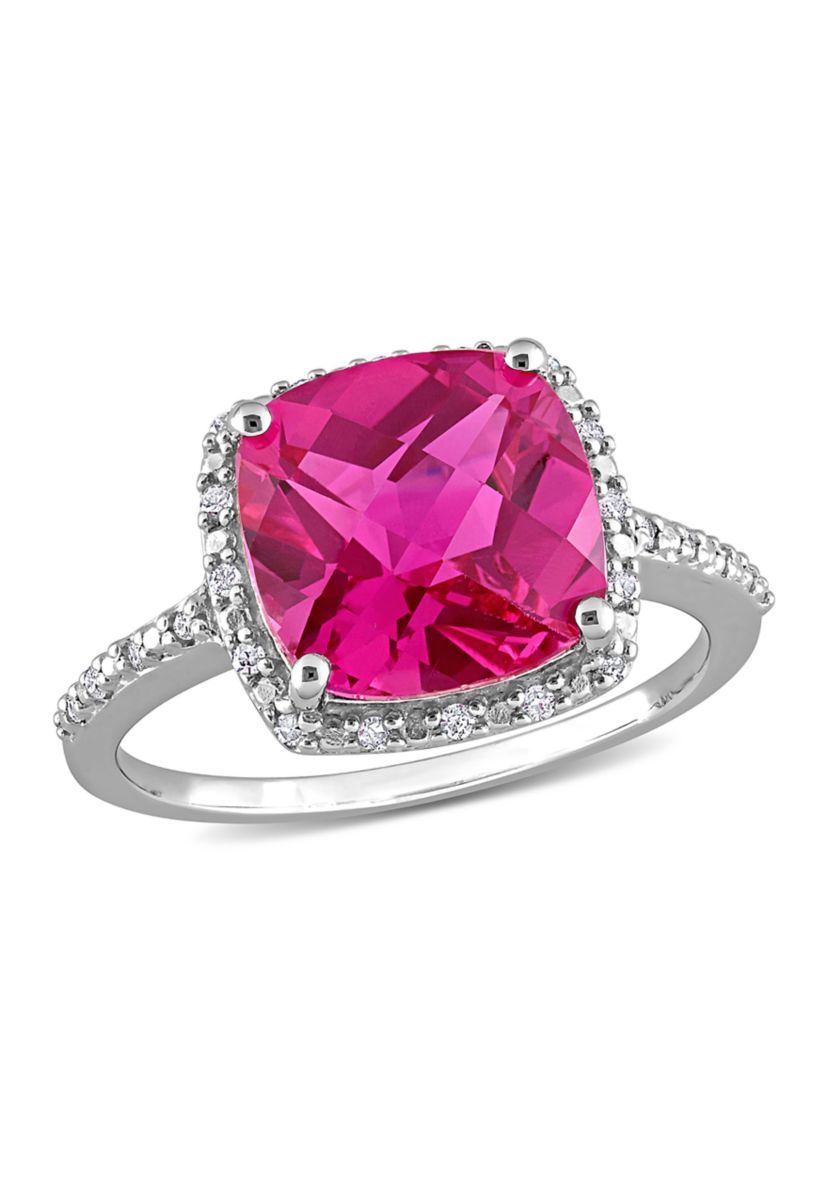 Lab Created 1/10 CT TW Diamond and 5 3/4 CT TGW Cushion Cut Created Pink Sapphire Halo Ring in Sterling Silver