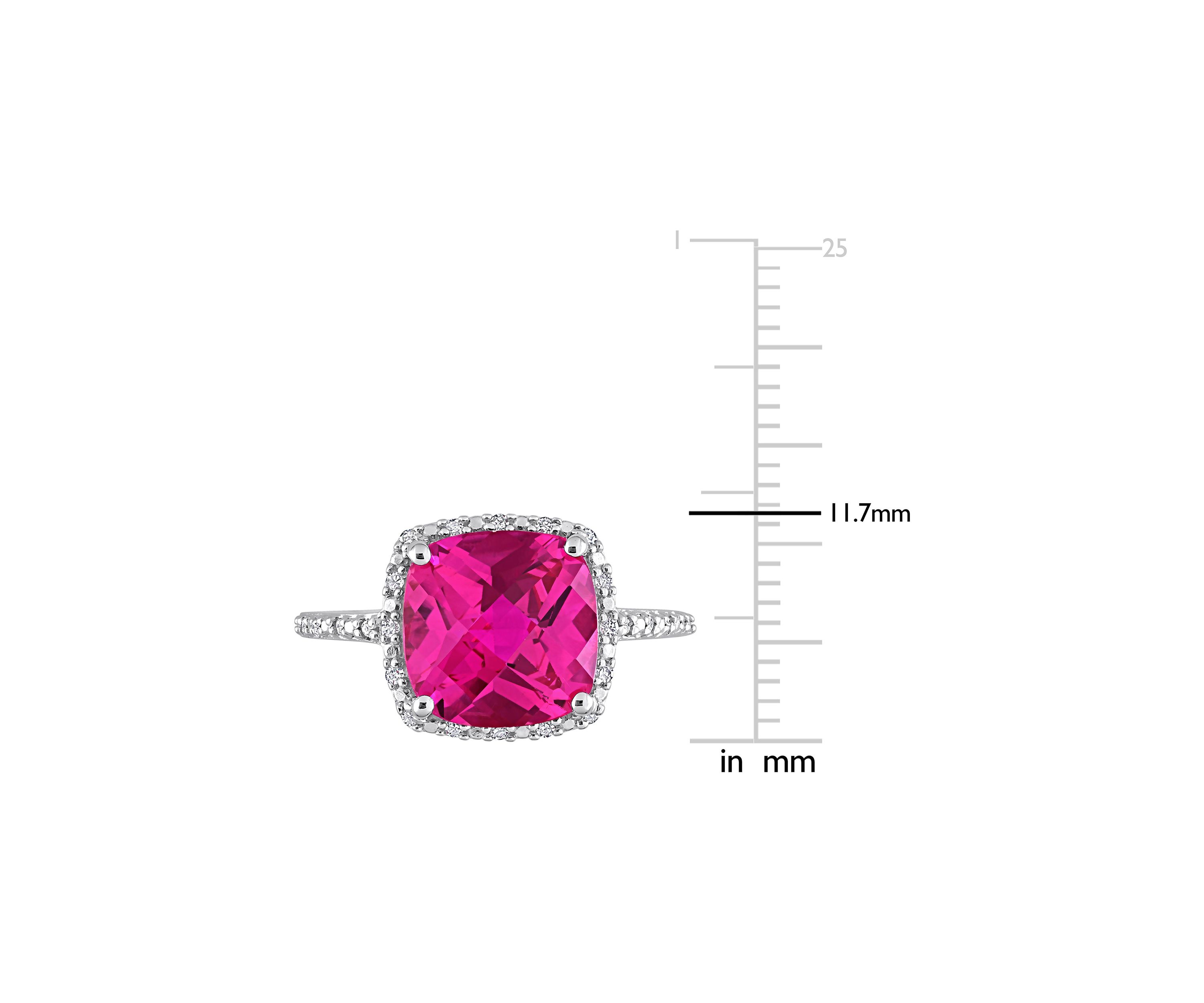 Lab Created 1/10 CT TW Diamond and 5 3/4 CT TGW Cushion Cut Created Pink Sapphire Halo Ring in Sterling Silver