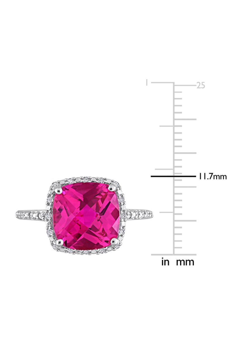 Lab Created 1/10 CT TW Diamond and 5 3/4 CT TGW Cushion Cut Created Pink Sapphire Halo Ring in Sterling Silver