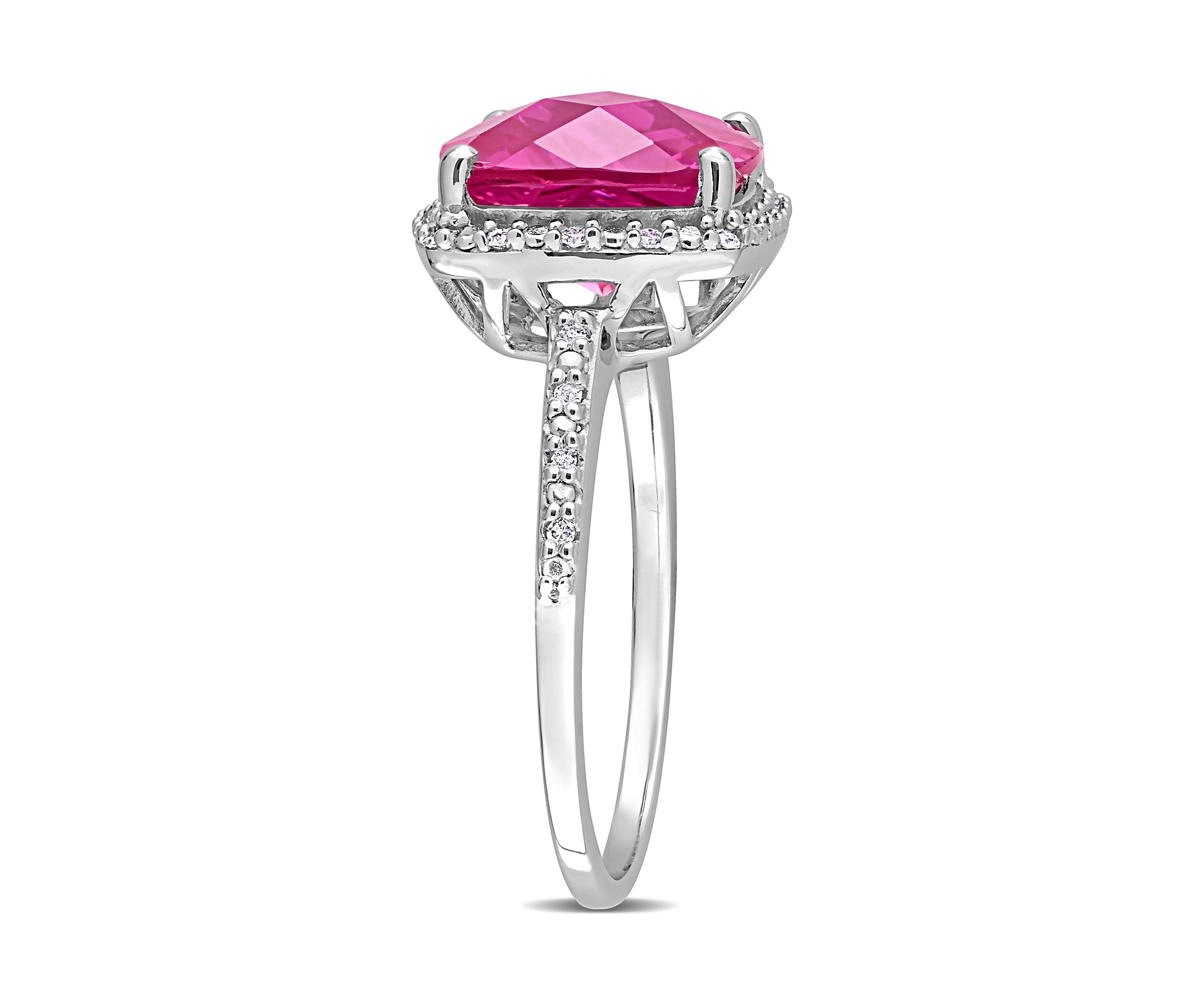 Lab Created 1/10 CT TW Diamond and 5 3/4 CT TGW Cushion Cut Created Pink Sapphire Halo Ring in Sterling Silver