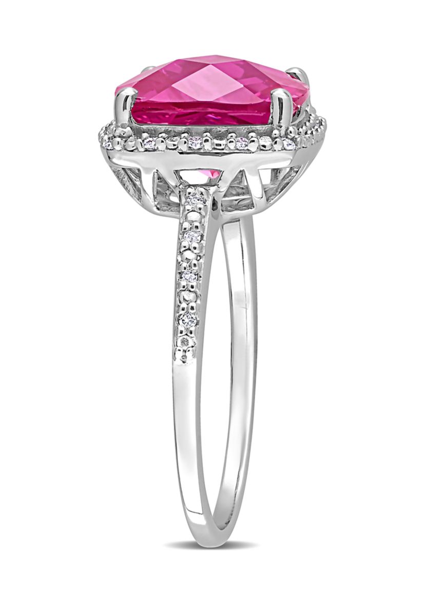 Lab Created 1/10 CT TW Diamond and 5 3/4 CT TGW Cushion Cut Created Pink Sapphire Halo Ring in Sterling Silver