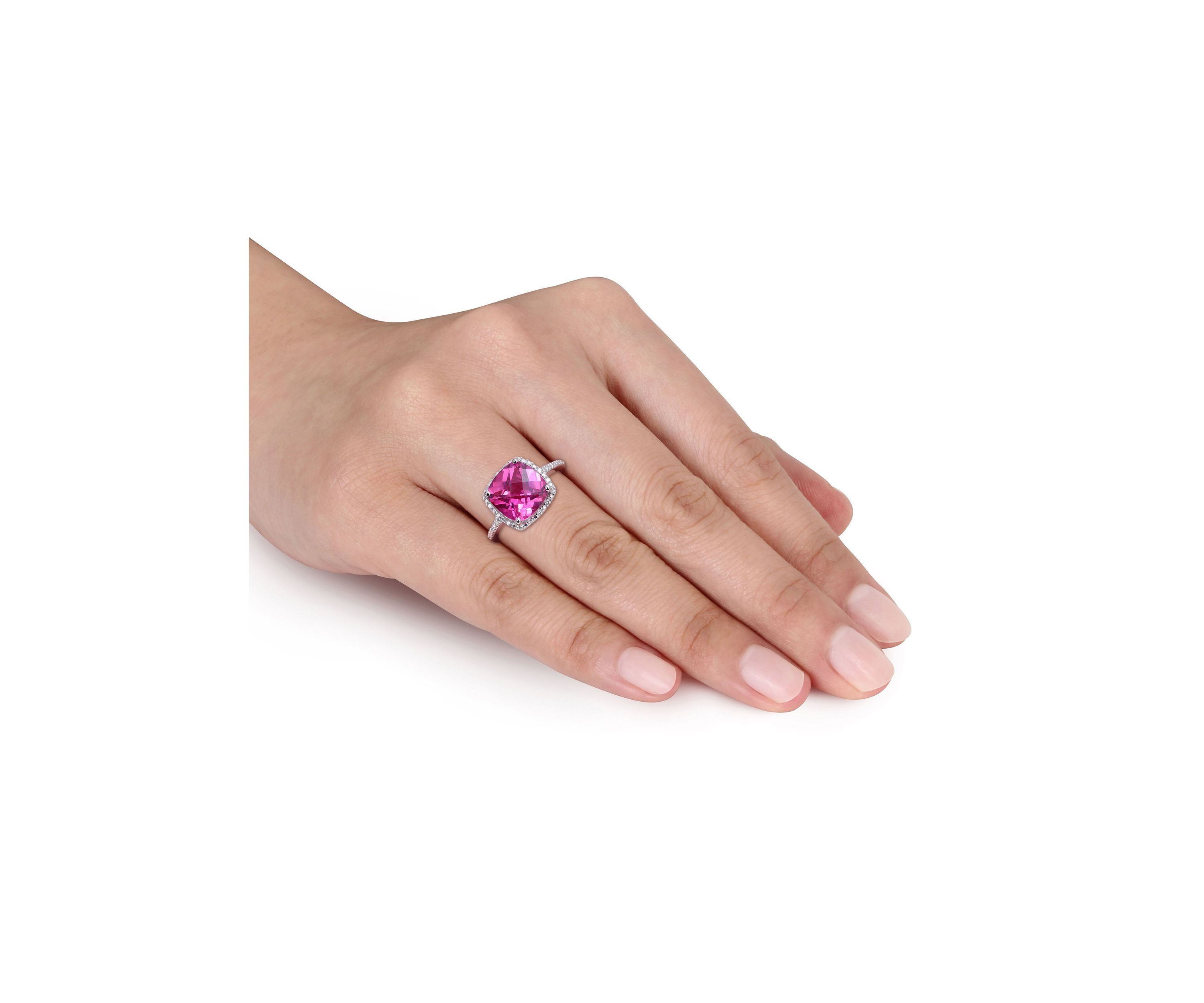 Lab Created 1/10 CT TW Diamond and 5 3/4 CT TGW Cushion Cut Created Pink Sapphire Halo Ring in Sterling Silver