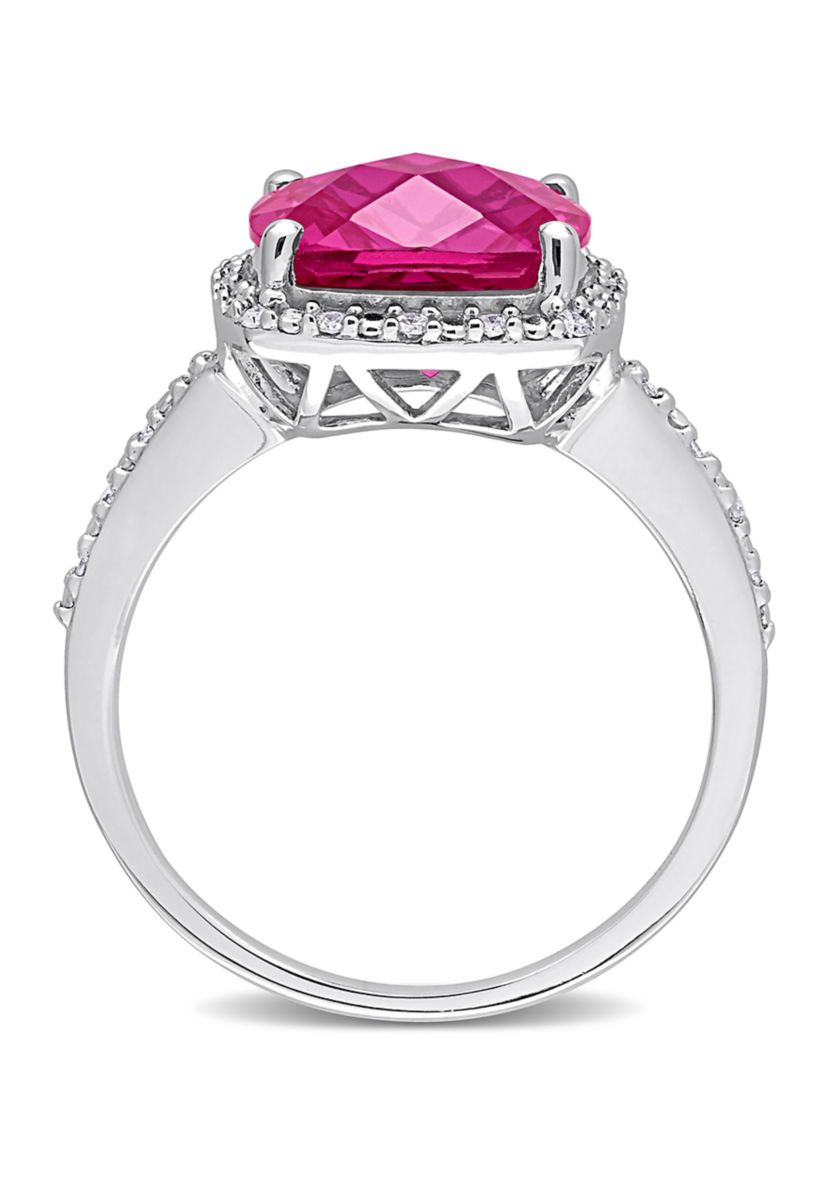 Lab Created 1/10 CT TW Diamond and 5 3/4 CT TGW Cushion Cut Created Pink Sapphire Halo Ring in Sterling Silver
