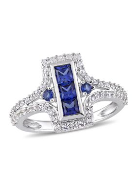 Belk & Co Lab Created 1-1/8 CT TGW Blue and White Sapphire Statement Ring in Sterling Silver, 5