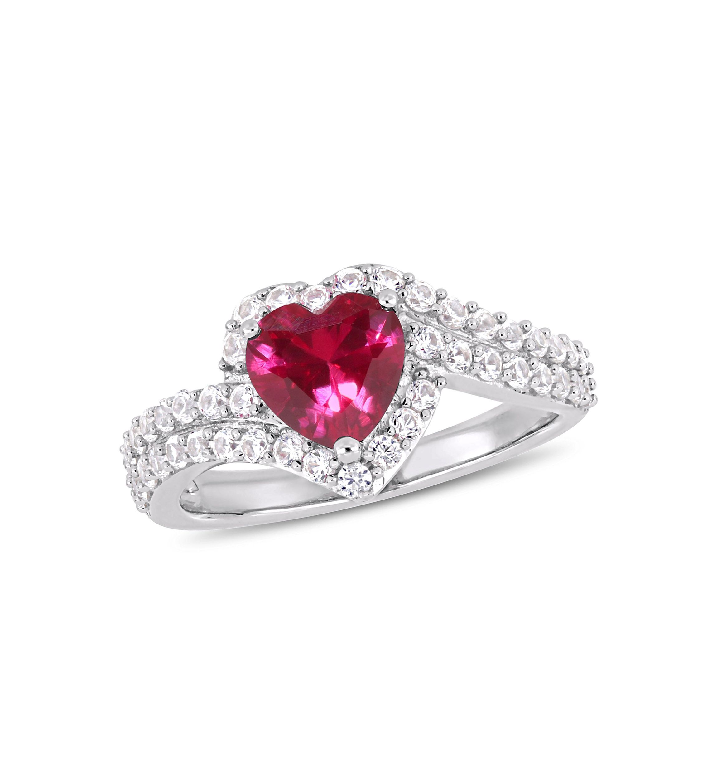 Lab Created 2 1/2 CT TGW Created White Sapphire and Created Ruby Heart Halo Engagement Ring in Sterling Silver