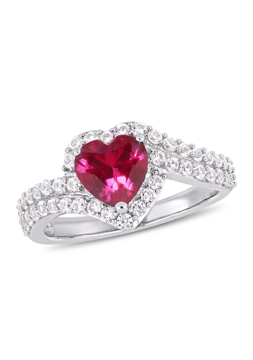 Lab Created 2 1/2 CT TGW Created White Sapphire and Created Ruby Heart Halo Engagement Ring in Sterling Silver