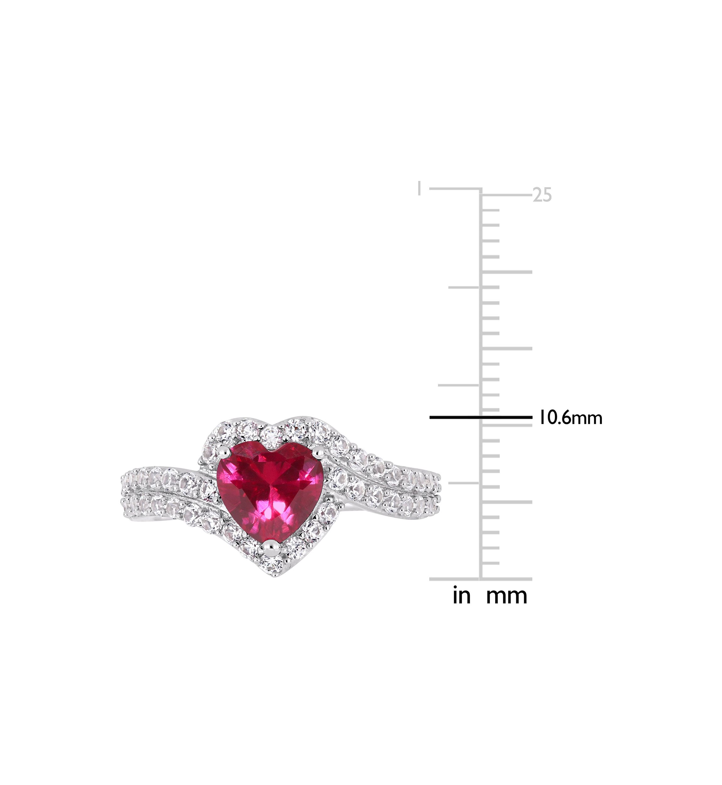 Lab Created 2 1/2 CT TGW Created White Sapphire and Created Ruby Heart Halo Engagement Ring in Sterling Silver