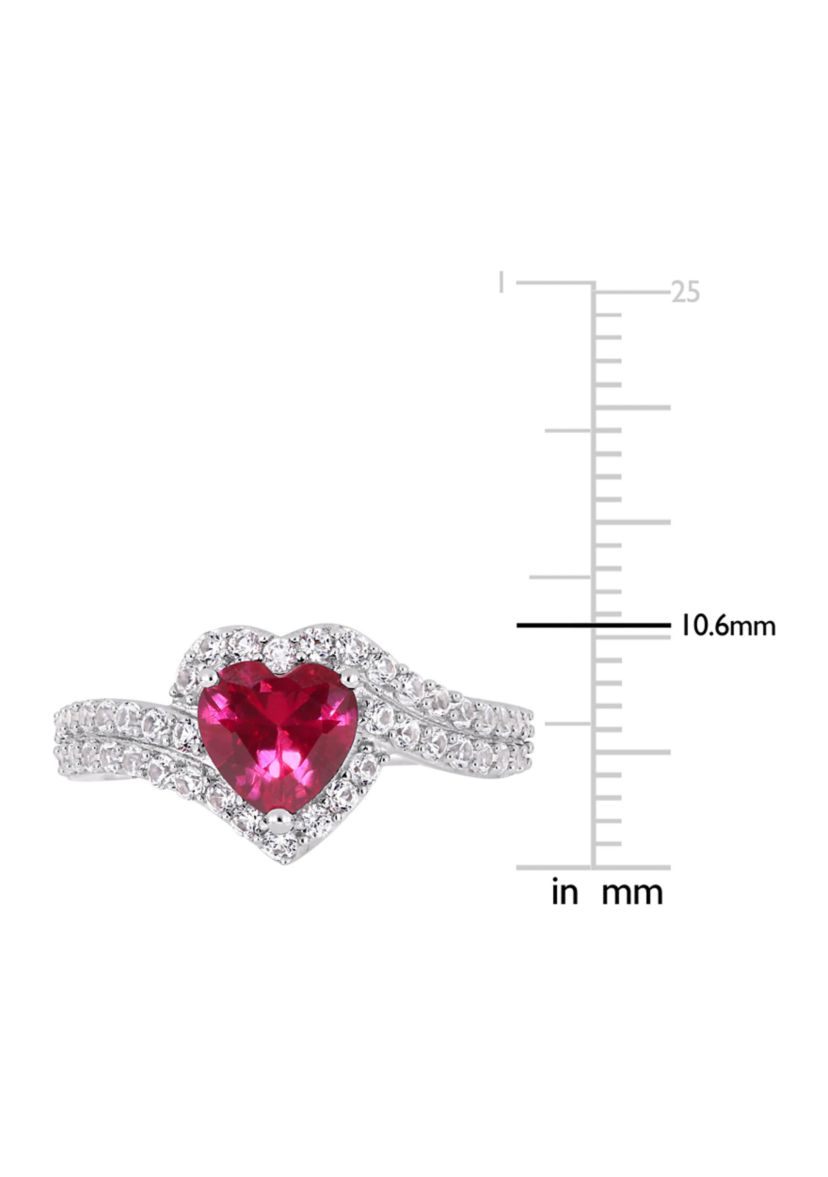 Lab Created 2 1/2 CT TGW Created White Sapphire and Created Ruby Heart Halo Engagement Ring in Sterling Silver