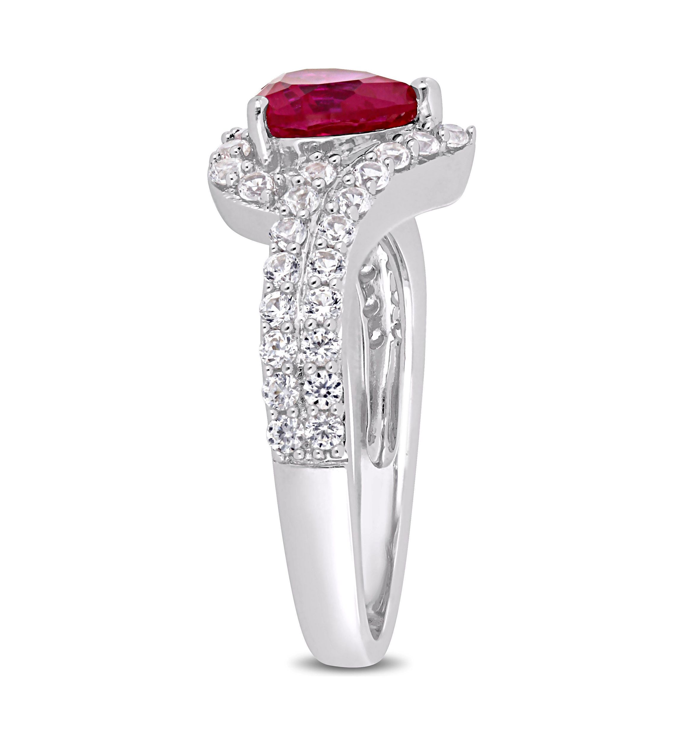 Lab Created 2 1/2 CT TGW Created White Sapphire and Created Ruby Heart Halo Engagement Ring in Sterling Silver