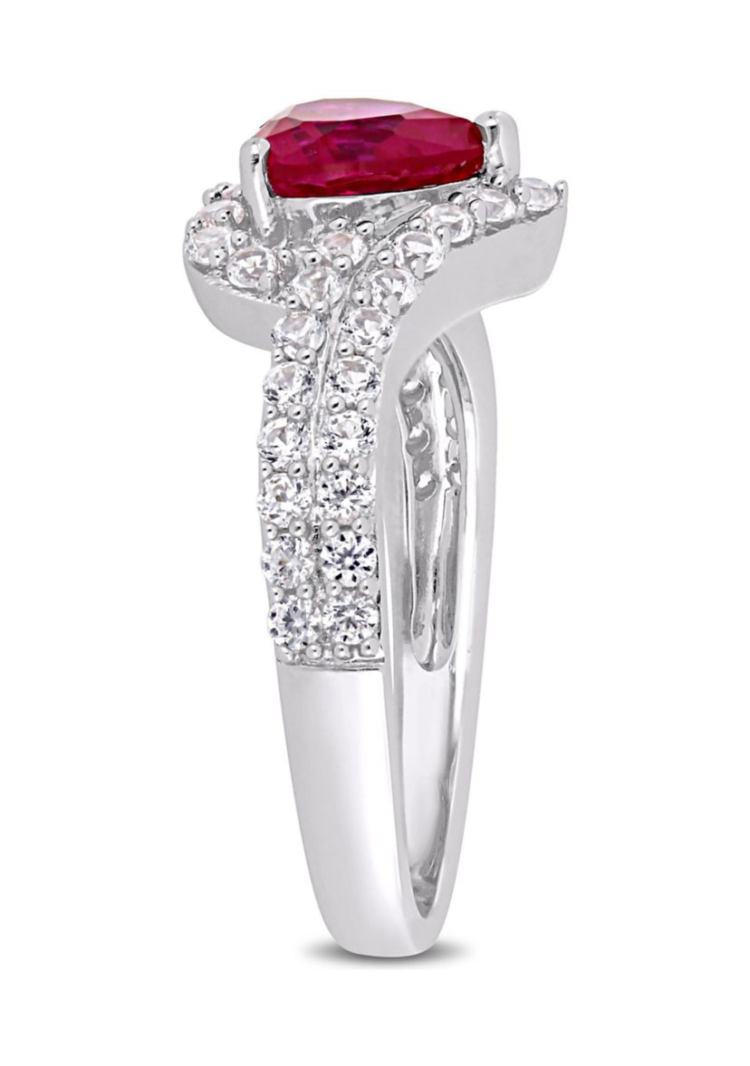 Lab Created 2 1/2 CT TGW Created White Sapphire and Created Ruby Heart Halo Engagement Ring in Sterling Silver