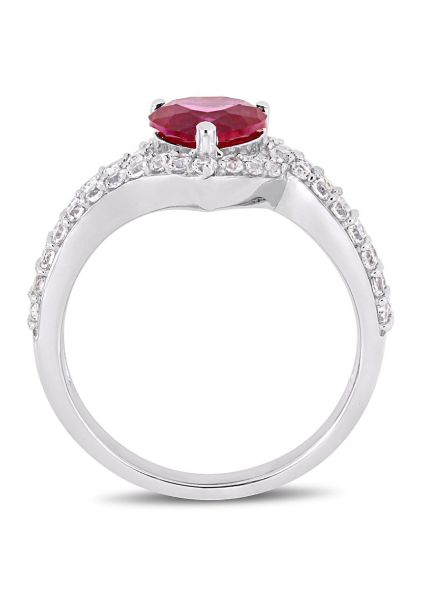 Lab Created 2 1/2 CT TGW Created White Sapphire and Created Ruby Heart Halo Engagement Ring in Sterling Silver