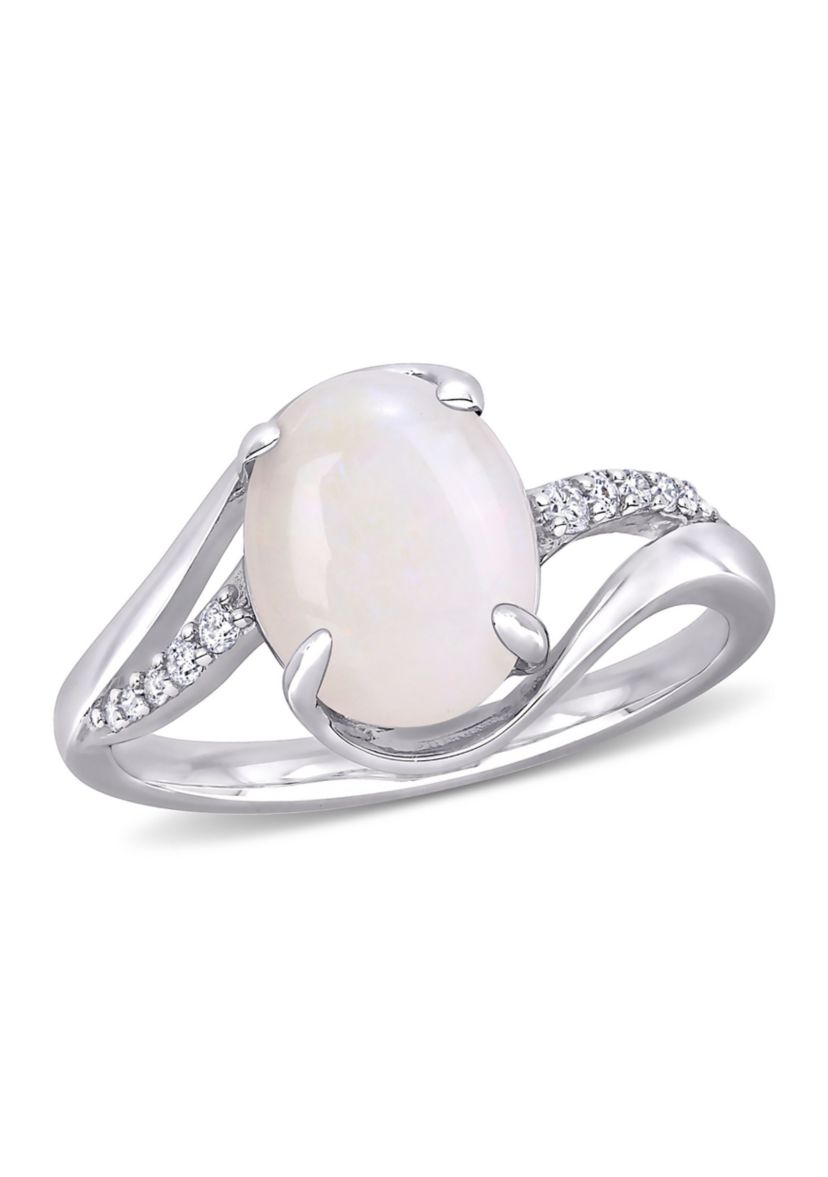 Opal and 1/10 CT TW Diamond Oval Twist Ring in Sterling Silver
