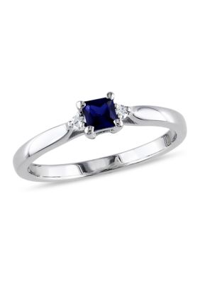 Belk & Co Lab Created Princess Cut Blue Sapphire and Diamond Accent Ring in Sterling Silver