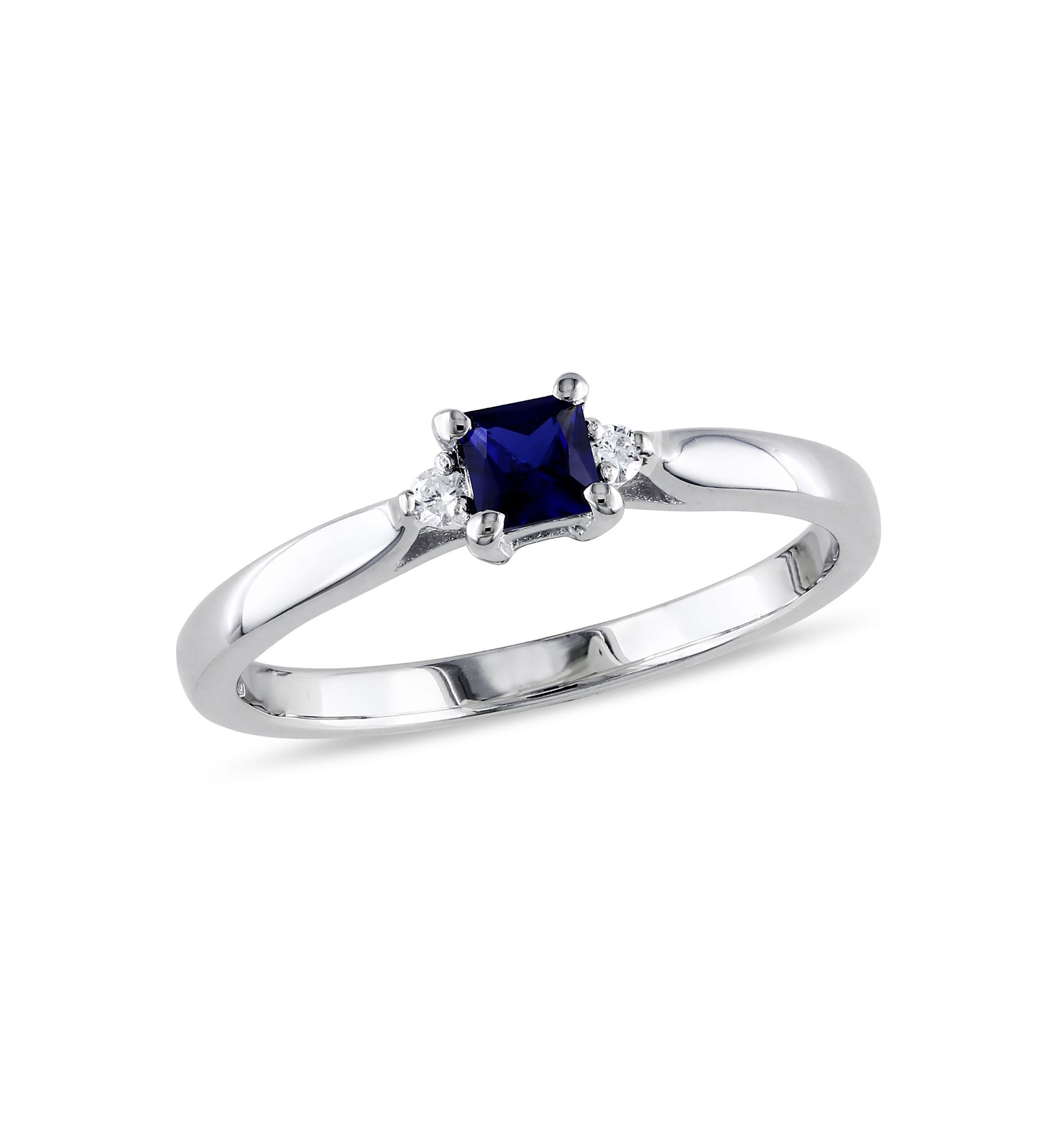 Lab Created Princess Cut Created Blue Sapphire and Diamond Accent Ring in Sterling Silver