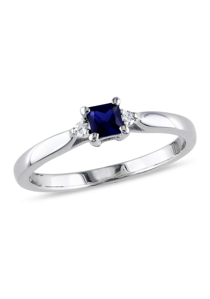 Lab Created Princess Cut Created Blue Sapphire and Diamond Accent Ring in Sterling Silver
