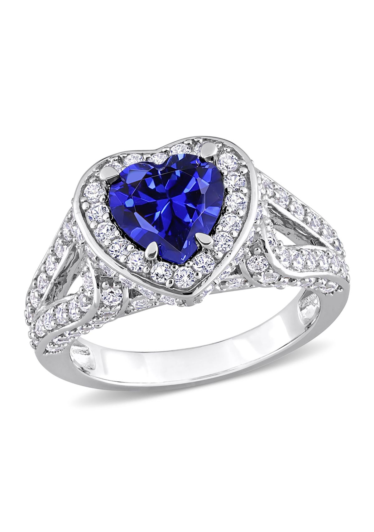 Lab Created 4 3/8 CT TGW Created Blue and Created White Sapphire Heart Halo Split Shank Ring in Sterling Silver